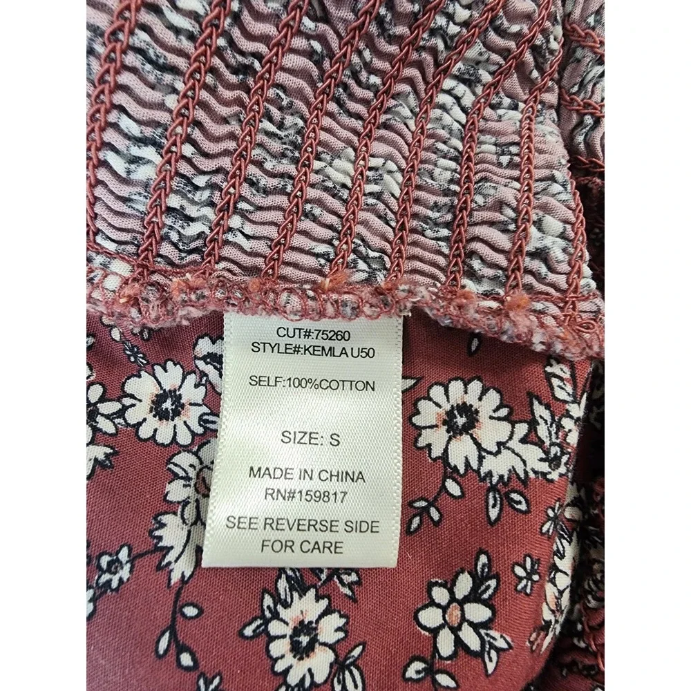 Altar'd State Floral Smocked Crop Top Rust Puff Sleeve Tie Back KEMLA U50 Small - Picture 6 of 9